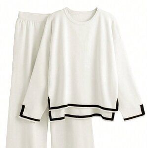 White Casual Women's Daily Color Block Sweater Set